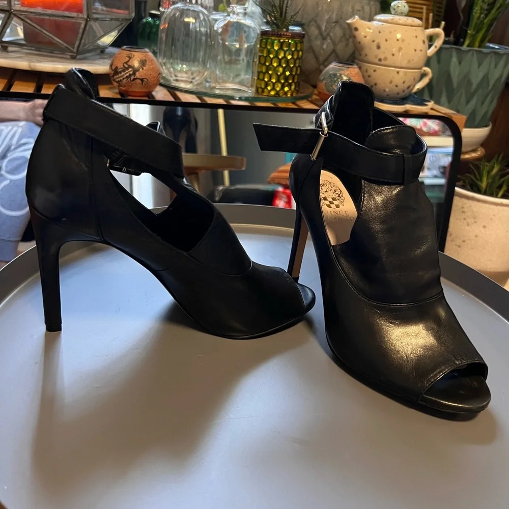 Vince Camuto Black Leather Peep-Toe Ankle-Strap Stilettos - Picture 8 of 16